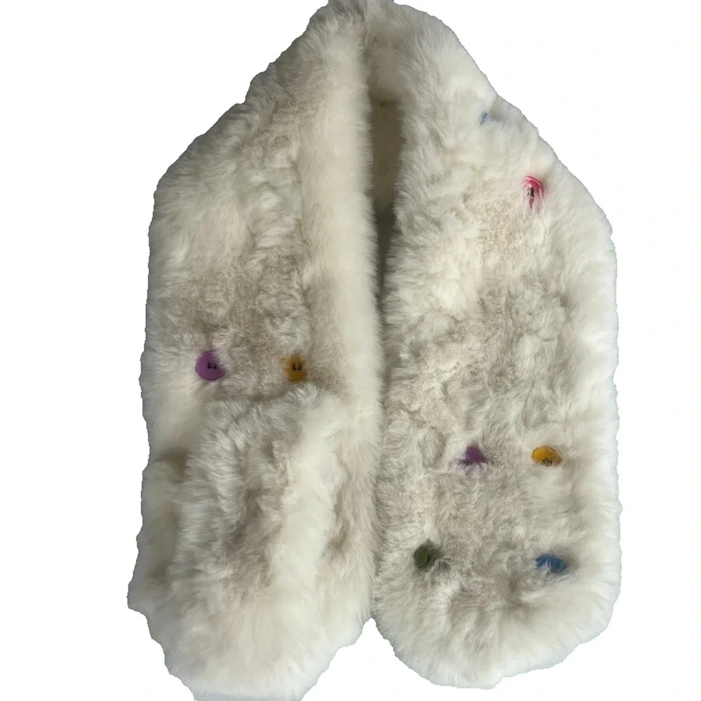 Kids Faux Fur Decorative Button Scarf White
